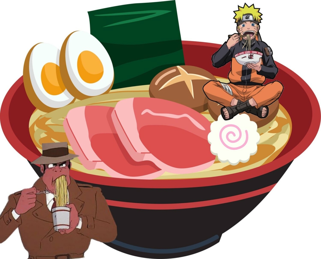 Illustrazione ciotola ramen con Naruto e Zenigata
