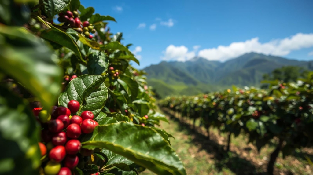 Coltura di piante di caffè, con montagne Hawaiane in lontananza.
