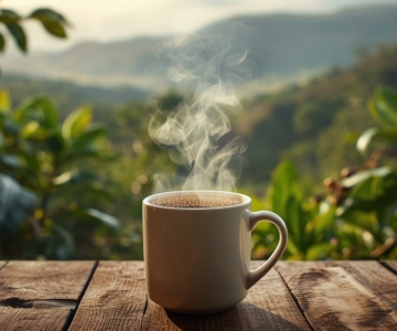 Tazza grande di caffè americano appoggiata su un tavolo di legno, con paesaggio hawaiano sullo sfondo.