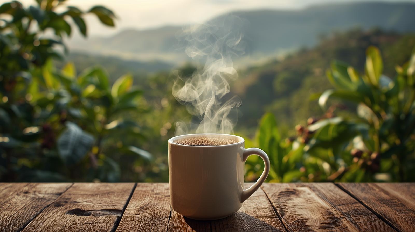 Tazza grande di caffè americano appoggiata su un tavolo di legno, con paesaggio hawaiano sullo sfondo.