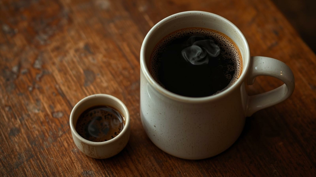 Superficie in legno dove poggiano a confronto una tazzina di caffè espresso e una tazza di caffè americano.