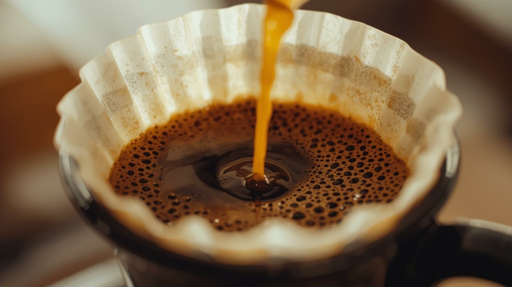 Ingrandimento del momento in cui viene versata dell'acqua in un filtro di carta dove c'è caffè macinato.