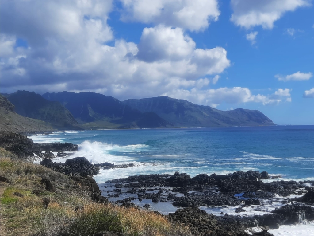 Panoramica di una costa dell'isola Big Island, Hawaii, con montagne in lontananza e scogli neri di natura vulcanica.
