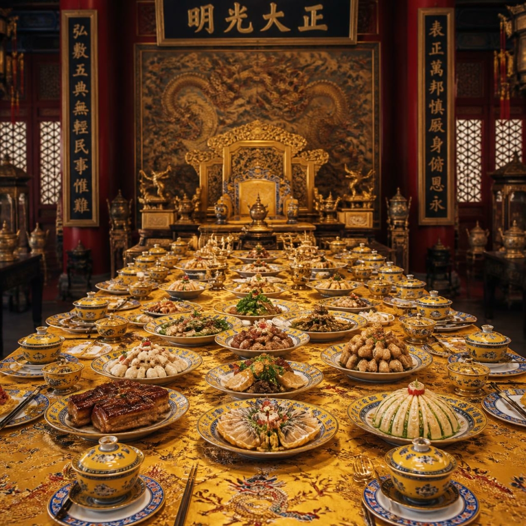 Sala lussuosa con al centro un grande tavolo con ceramiche cinesi pregiate, tovaglia d'oro decorata con motivi tradizionali e molteplici pietanze ispirate all'epoca imperiale.